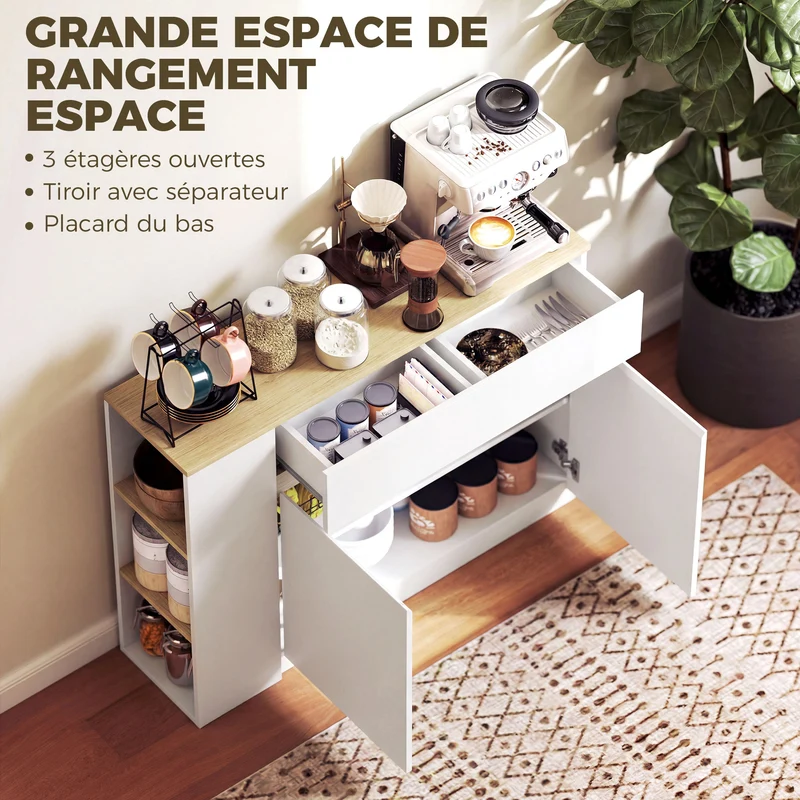 Buffet bas de rangement salon 110 x 29,5 x 82 cm grand tiroir étagères réglables épuré en panneau de particules blanc 21_0002337