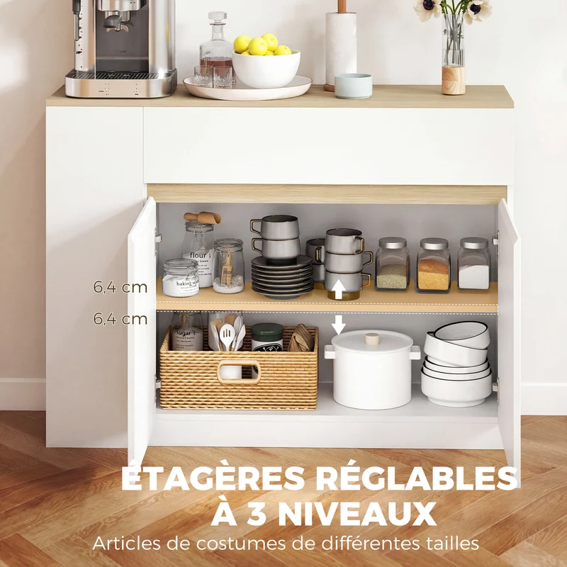 Buffet bas de rangement salon 110 x 29,5 x 82 cm grand tiroir étagères réglables épuré en panneau de particules blanc 21_0002337