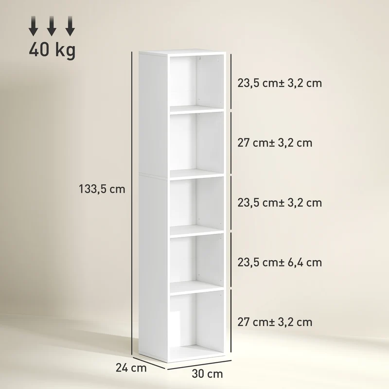 Bibliothèque de rangement 30 x 24 x 133.5 cm étagères réglables anti basculement moderne en panneau de particules blanc 21_0002507
