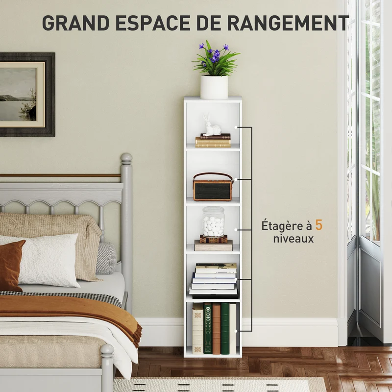 Bibliothèque de rangement 30 x 24 x 133.5 cm étagères réglables anti basculement moderne en panneau de particules blanc 21_0002507