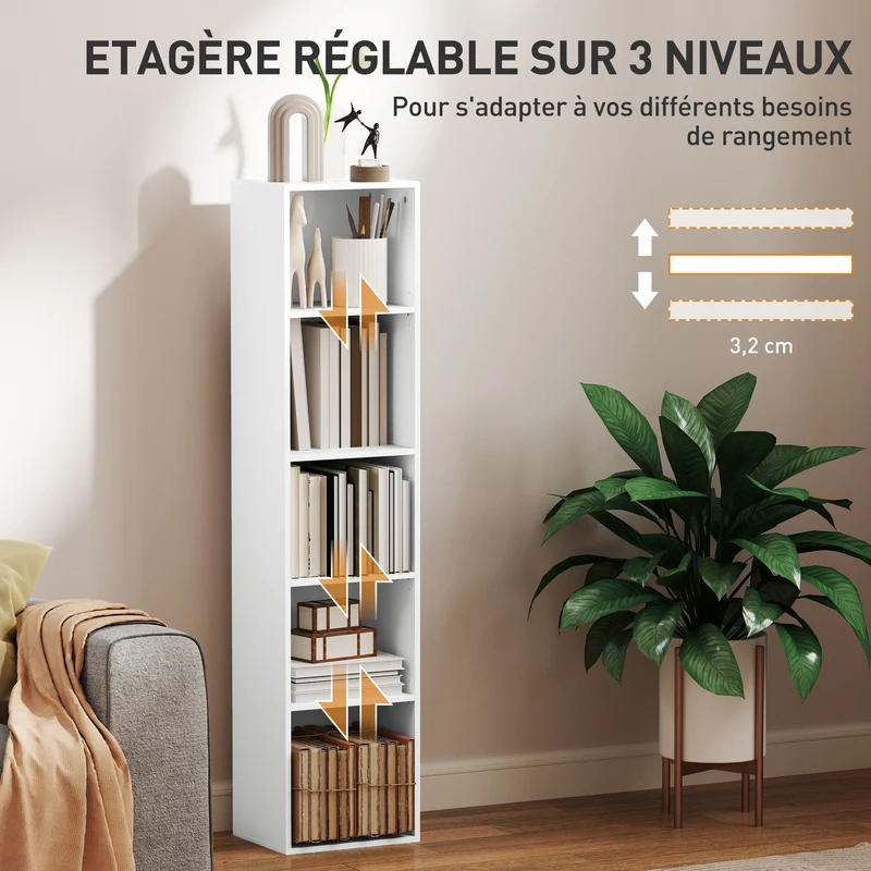 Bibliothèque de rangement 30 x 24 x 133.5 cm étagères réglables anti basculement moderne en panneau de particules blanc 21_0002507
