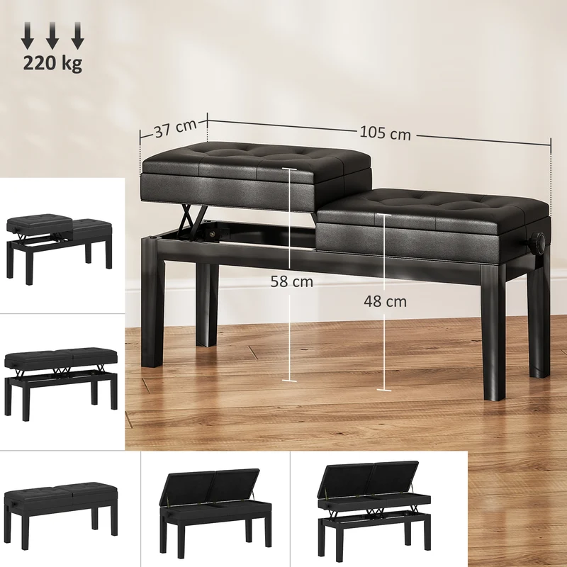 Banc de piano réglable avec rangement 105 x 37 x 48-58 cm assise capitonnée ergonomique classique en polyuréthane noir 21_0008052