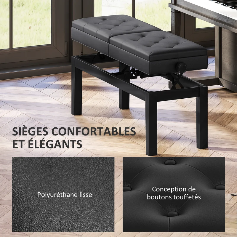 Banc de piano réglable avec rangement 105 x 37 x 48-58 cm assise capitonnée ergonomique classique en polyuréthane noir 21_0008052