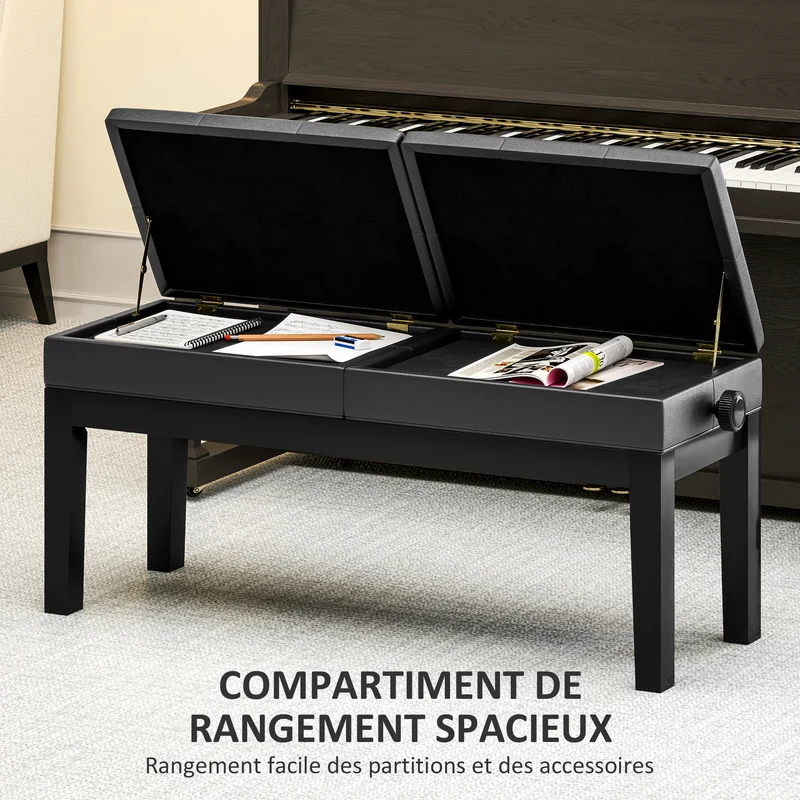 Banc de piano réglable avec rangement 105 x 37 x 48-58 cm assise capitonnée ergonomique classique en polyuréthane noir 21_0008052