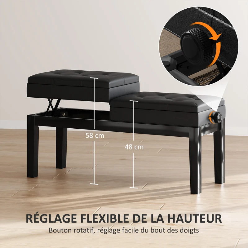 Banc de piano réglable avec rangement 105 x 37 x 48-58 cm assise capitonnée ergonomique classique en polyuréthane noir 21_0008052