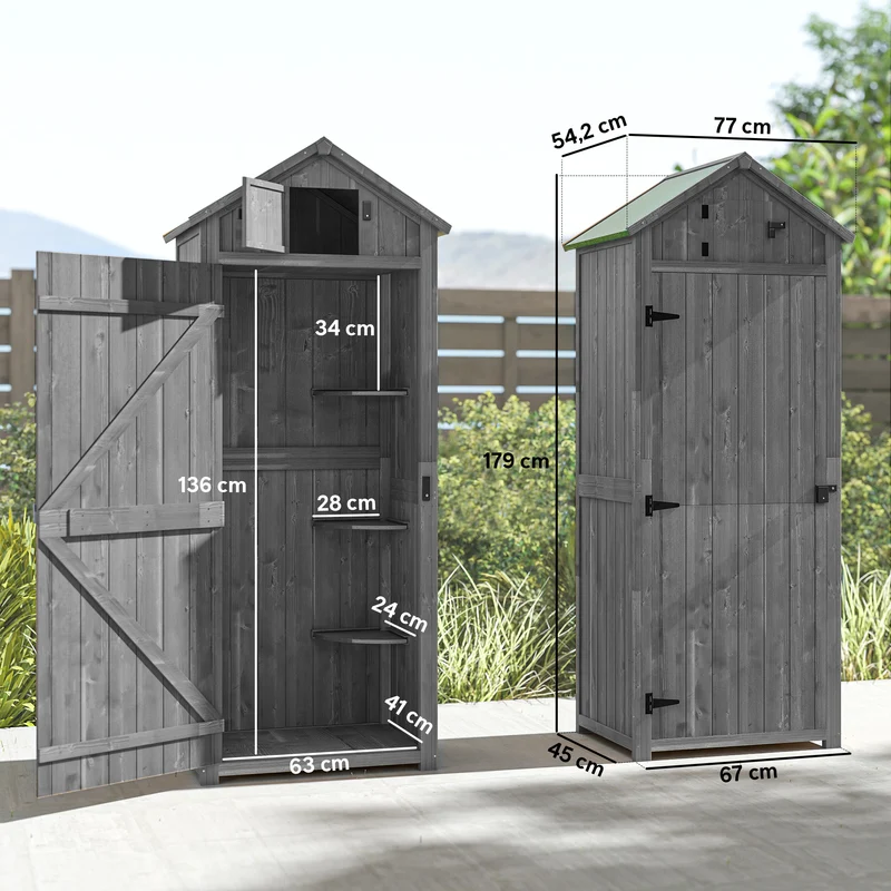 Armoire de jardin chalet 77 x 54 x 179 cm 3 étagères portes verrouillables design rustique pour terrasse en bois gris 21_0004085