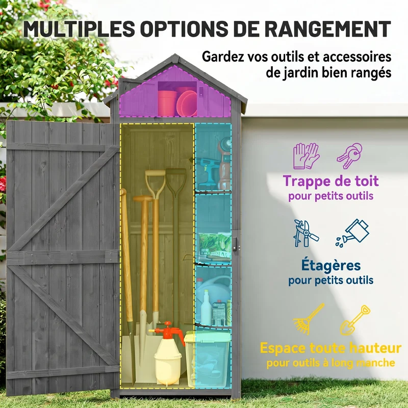 Armoire de jardin chalet 77 x 54 x 179 cm 3 étagères portes verrouillables design rustique pour terrasse en bois gris 21_0004085