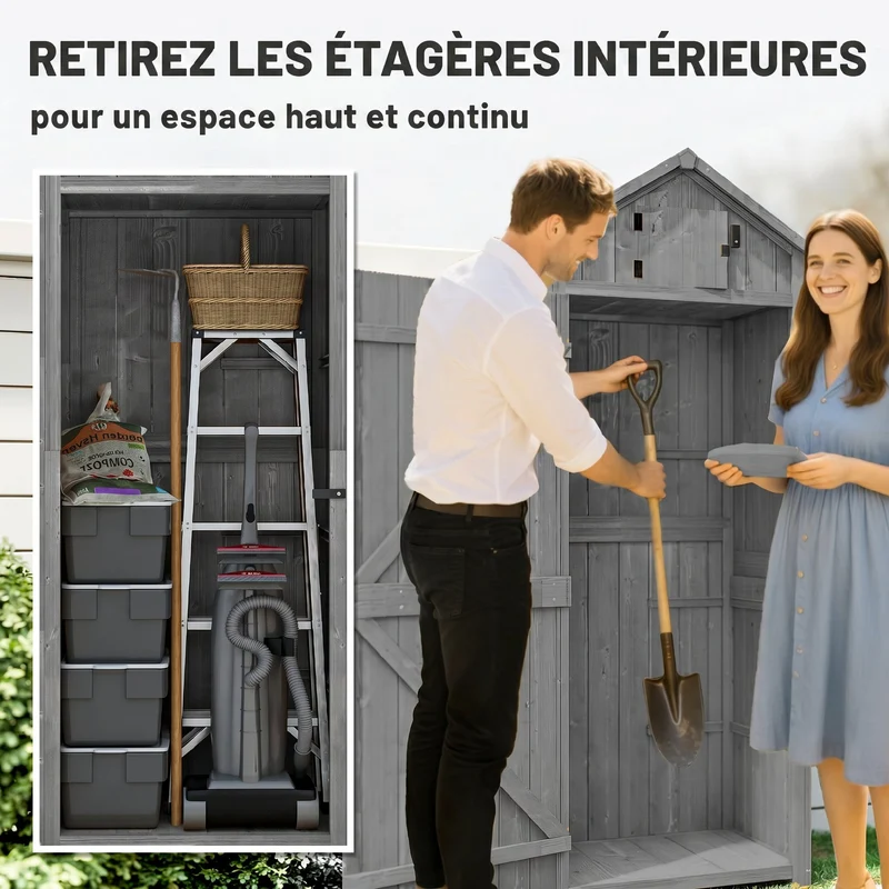 Armoire de jardin chalet 77 x 54 x 179 cm 3 étagères portes verrouillables design rustique pour terrasse en bois gris 21_0004085