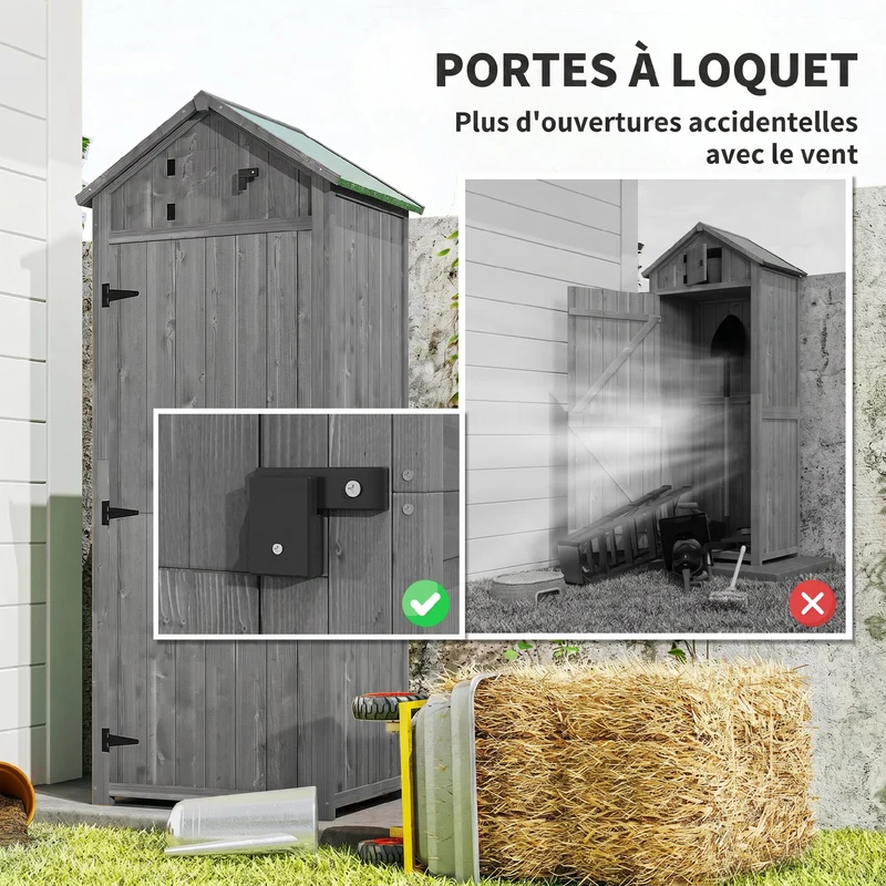 Armoire de jardin chalet 77 x 54 x 179 cm 3 étagères portes verrouillables design rustique pour terrasse en bois gris 21_0004085