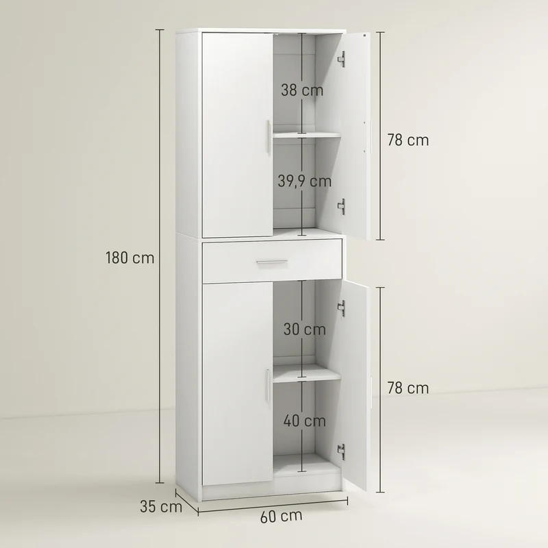 Armoire de cuisine 60 x 35 x 180 cm rangement fermé et tiroir gain de place moderne épuré en panneau de particules blanc 21_0002501