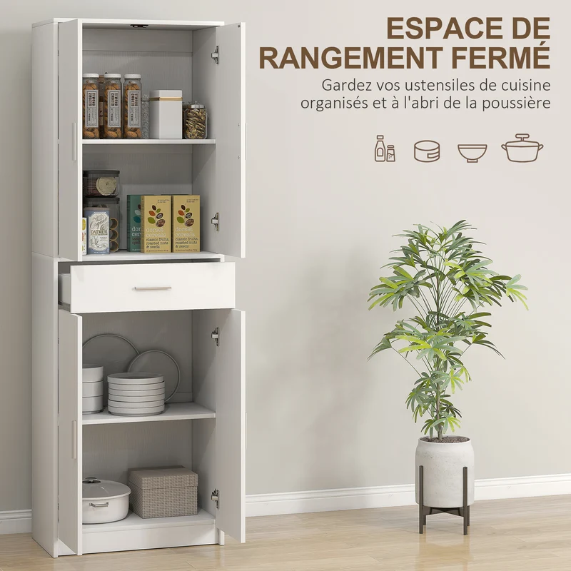 Armoire de cuisine 60 x 35 x 180 cm rangement fermé et tiroir gain de place moderne épuré en panneau de particules blanc 21_0002501