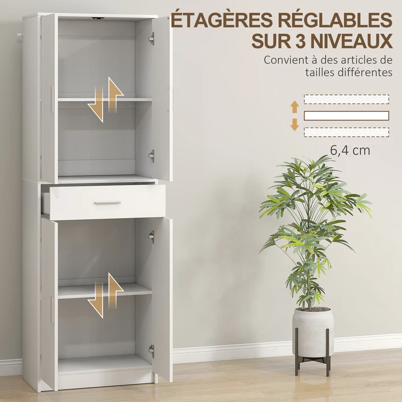 Armoire de cuisine 60 x 35 x 180 cm rangement fermé et tiroir gain de place moderne épuré en panneau de particules blanc 21_0002501