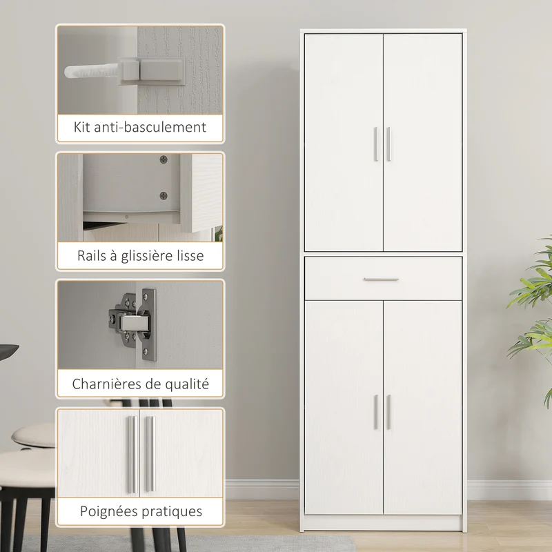 Armoire de cuisine 60 x 35 x 180 cm rangement fermé et tiroir gain de place moderne épuré en panneau de particules blanc 21_0002501