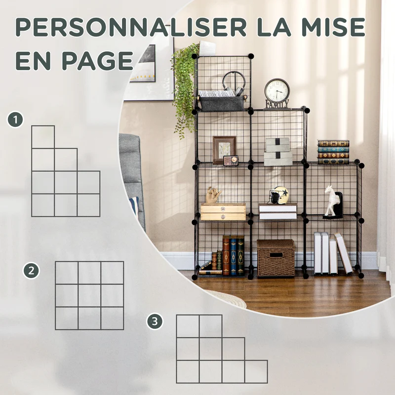 Étagère cube modulable salon chambre 35 x 35 x 35 cm 9 compartiments rangement montage facile industriel en acier noir 21_0002873