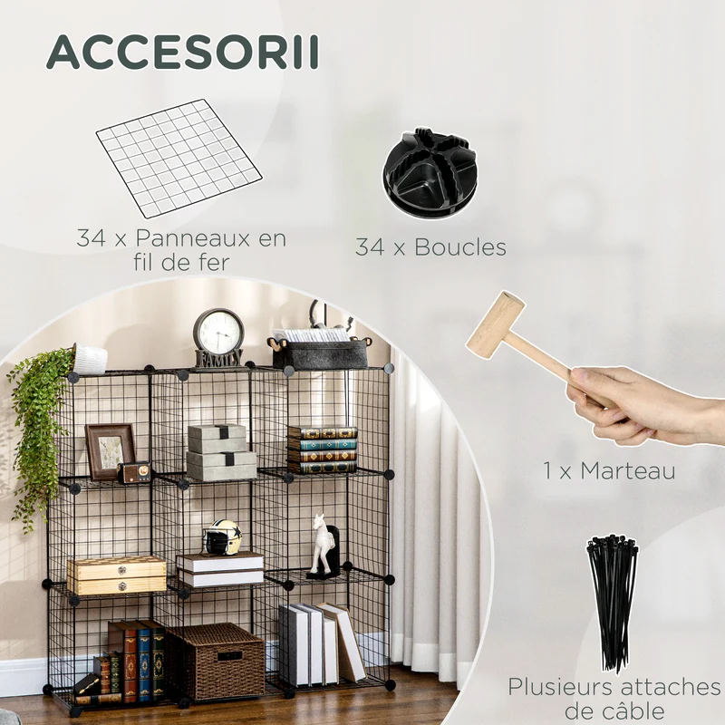 Étagère cube modulable salon chambre 35 x 35 x 35 cm 9 compartiments rangement montage facile industriel en acier noir 21_0002873