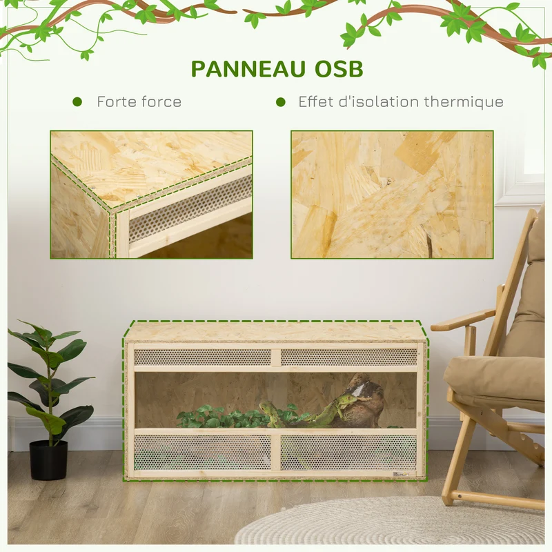 Terrarium habitat reptiles 100 x 47 x 47 cm ventilation isolation thermique porte coulissante rustique en bois naturel 21_0007835