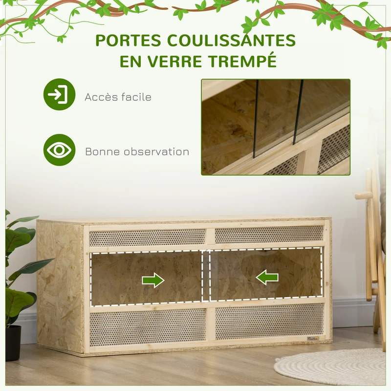 Terrarium habitat reptiles 100 x 47 x 47 cm ventilation isolation thermique porte coulissante rustique en bois naturel 21_0007835