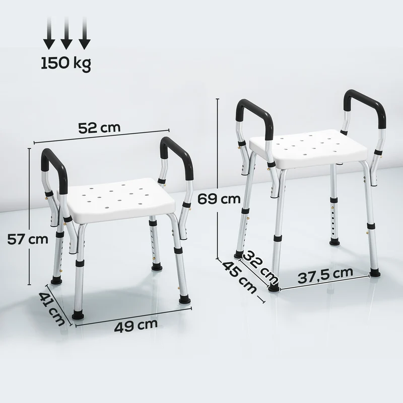 Tabouret de douche personnes âgées 52 x 45 x 57-69 cm hauteur réglable antidérapant stable contemporain en aluminium blanc 21_0000854
