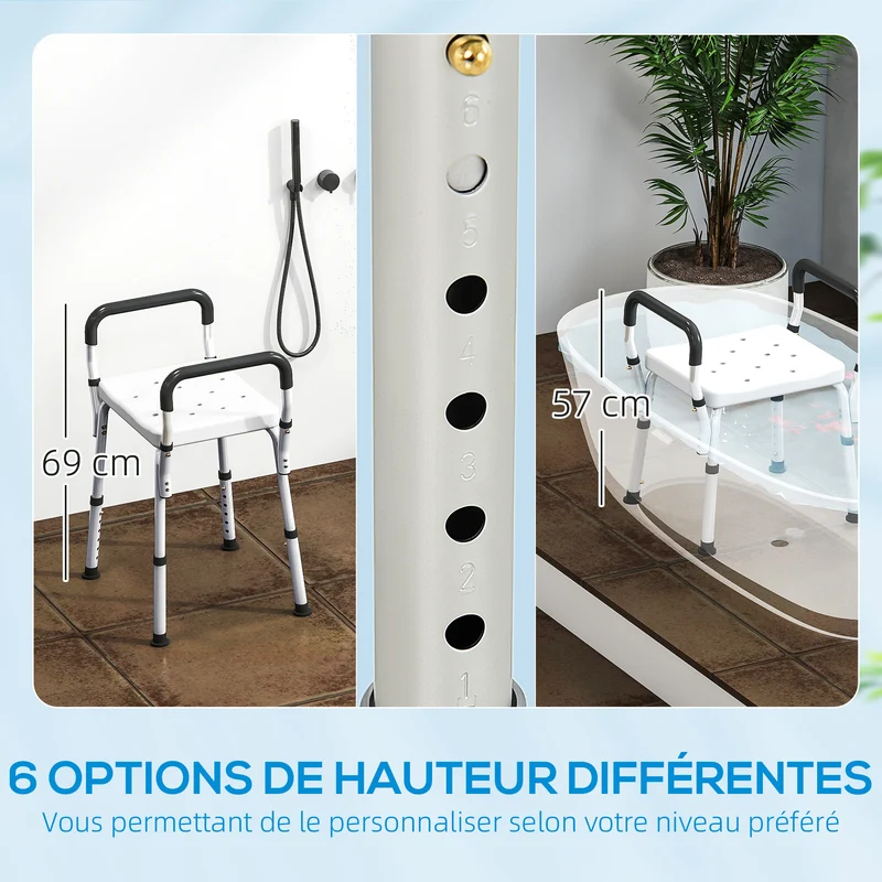 Tabouret de douche personnes âgées 52 x 45 x 57-69 cm hauteur réglable antidérapant stable contemporain en aluminium blanc 21_0000854