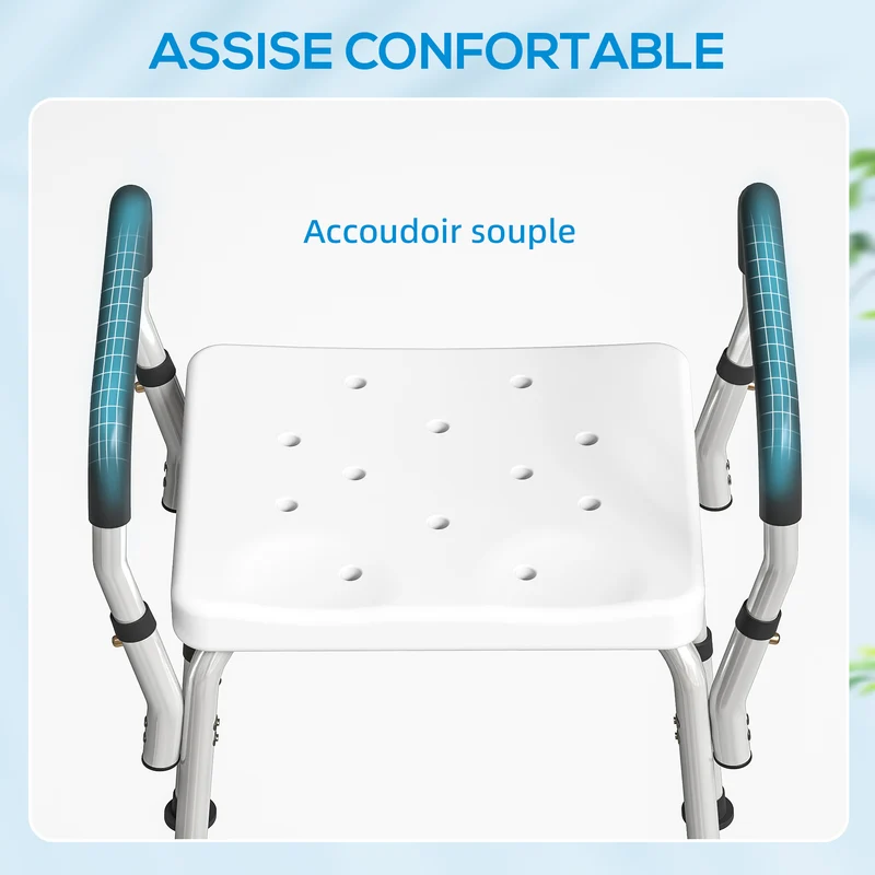 Tabouret de douche personnes âgées 52 x 45 x 57-69 cm hauteur réglable antidérapant stable contemporain en aluminium blanc 21_0000854