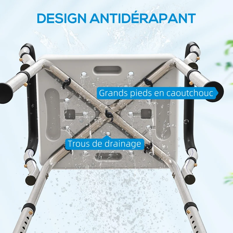 Tabouret de douche personnes âgées 52 x 45 x 57-69 cm hauteur réglable antidérapant stable contemporain en aluminium blanc 21_0000854