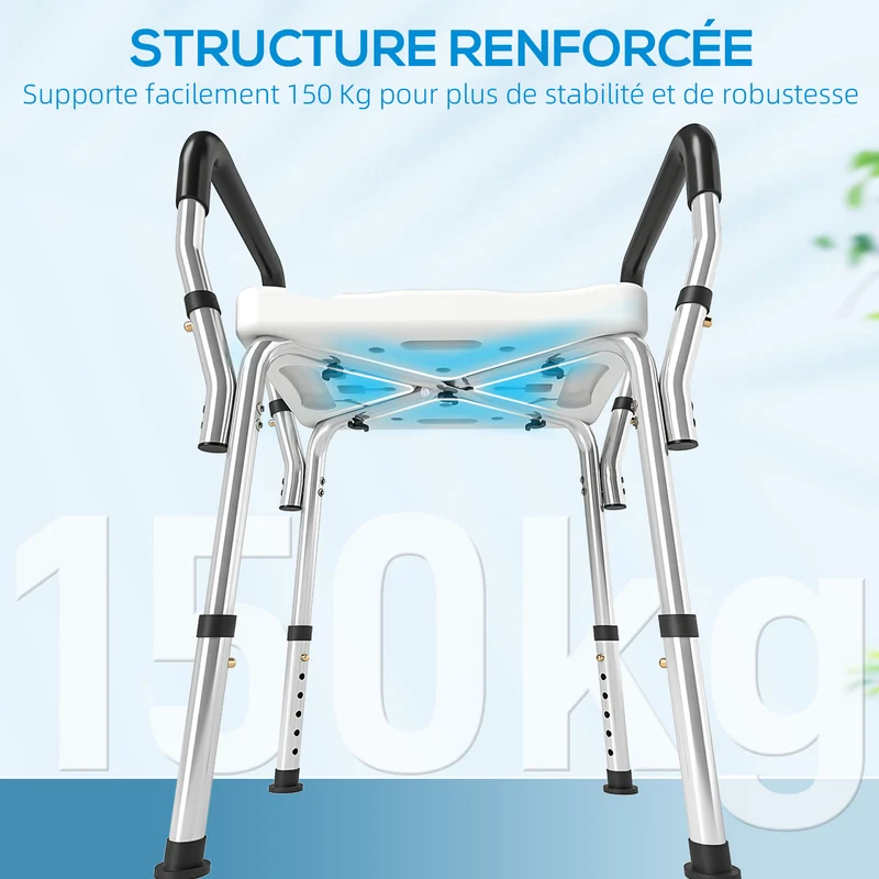 Tabouret de douche personnes âgées 52 x 45 x 57-69 cm hauteur réglable antidérapant stable contemporain en aluminium blanc 21_0000854