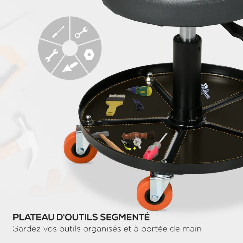 Tabouret d'atelier mécanicien pivotant 40 x 38-48 cm assise rembourrée réglable industriel contemporain en acier noir 21_0007173
