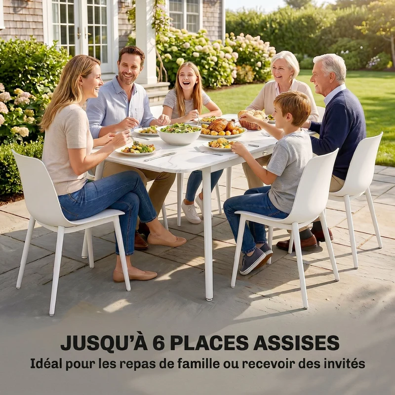 Table de jardin rectangulaire 140 x 80 x 75 cm stable facile à nettoyer pour 4 à 6 personnes moderne épuré en wpc blanc 21_0005385