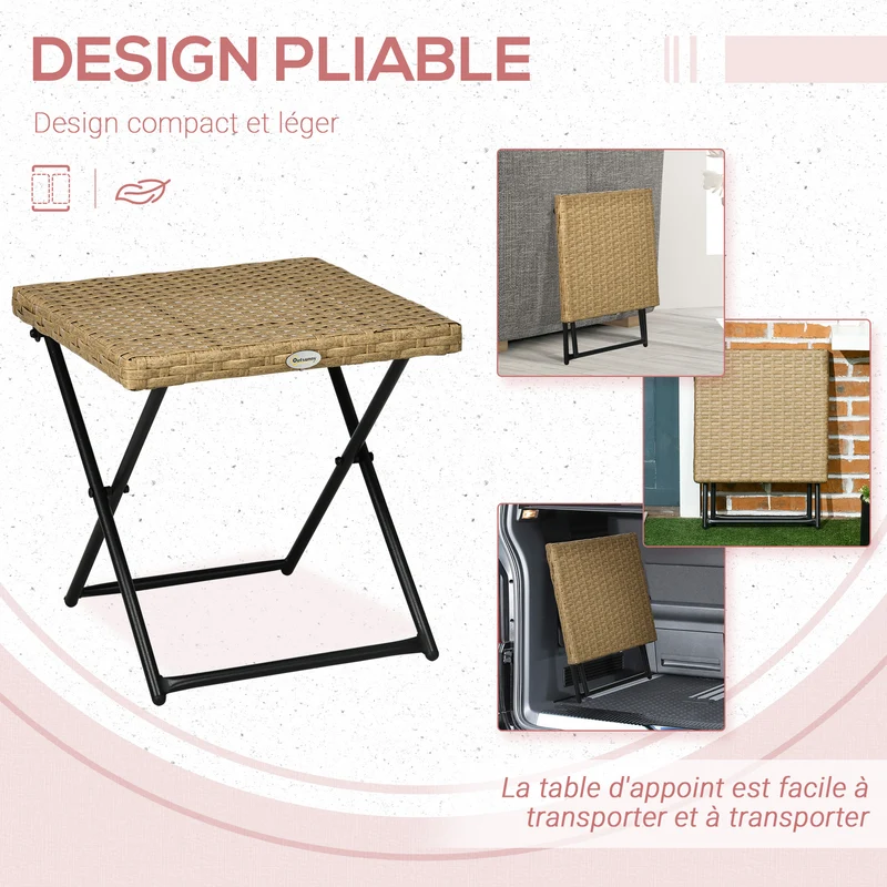 Table basse pliable carrée 40 x 40 x 40 cm gain de place intérieur extérieur style cosy en résine tressée bois naturel 21_0006044
