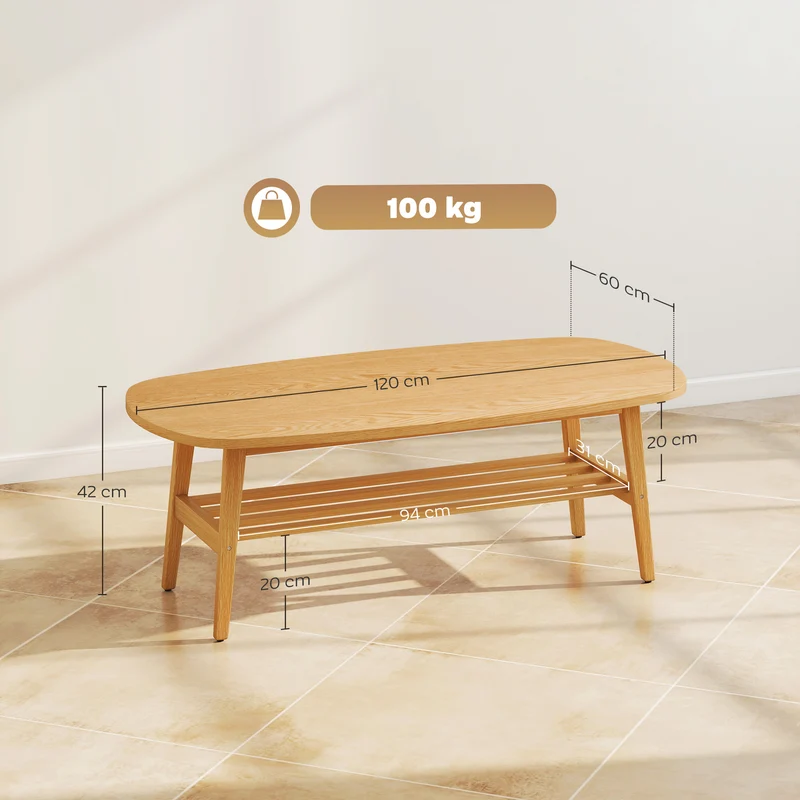 Table basse ovale salon 120 x 60 x 42 cm étagère ouverte rangement pratique design scandinave plateau en bois naturel 21_0003526