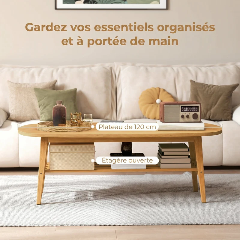 Table basse ovale salon 120 x 60 x 42 cm étagère ouverte rangement pratique design scandinave plateau en bois naturel 21_0003526