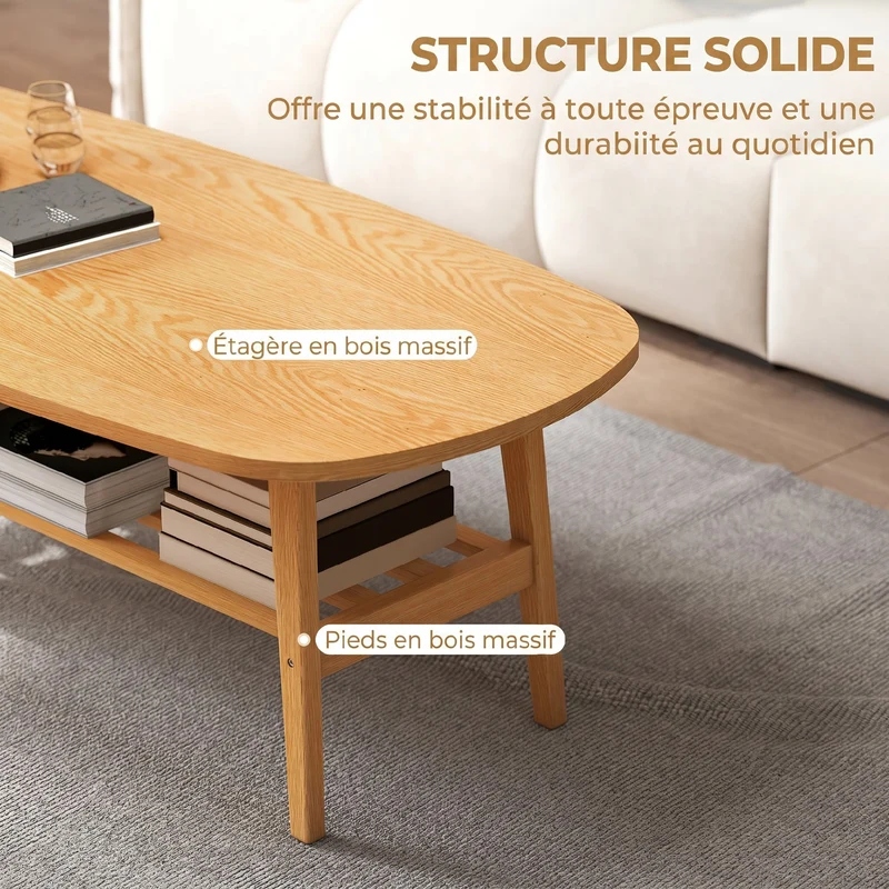Table basse ovale salon 120 x 60 x 42 cm étagère ouverte rangement pratique design scandinave plateau en bois naturel 21_0003526