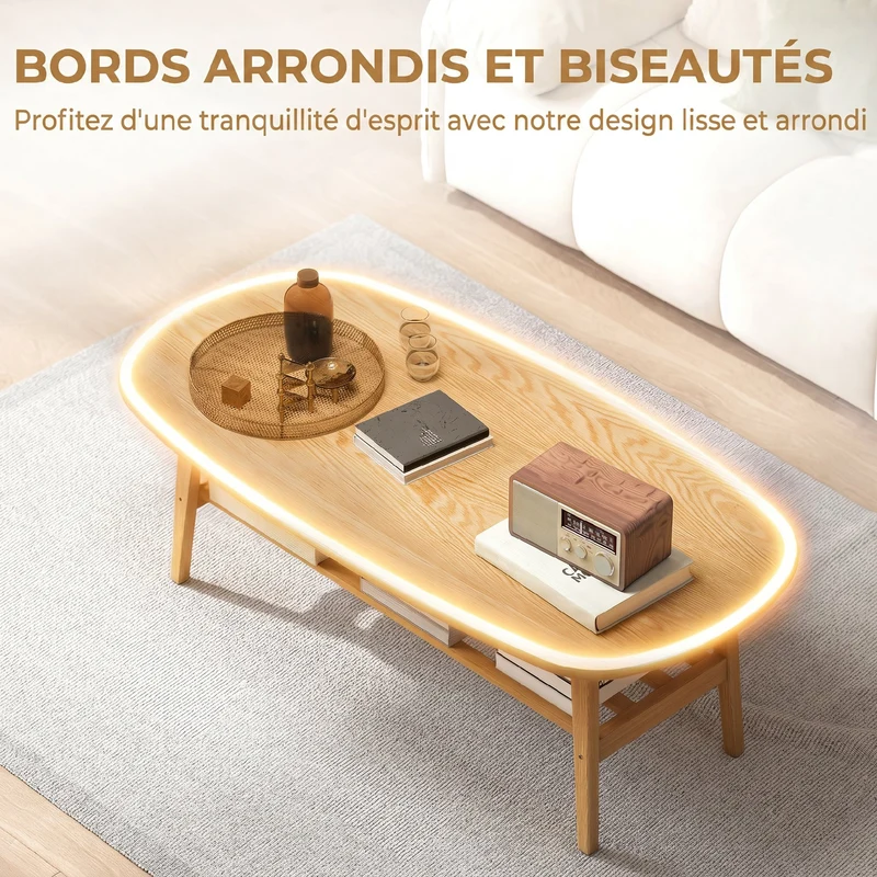 Table basse ovale salon 120 x 60 x 42 cm étagère ouverte rangement pratique design scandinave plateau en bois naturel 21_0003526