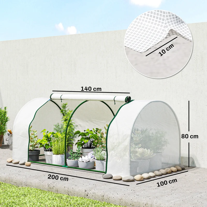 Serre de jardin mini tunnel pour tomates 200 x 100 x 80 cm antigel porte zippée design contemporain en acier blanc 21_0004140
