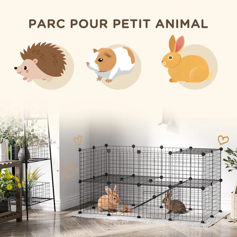Parc enclos modulable pour petits animaux 146 x 73 x 73 cm montage modulable résistant moderne industriel en métal noir 21_0007498