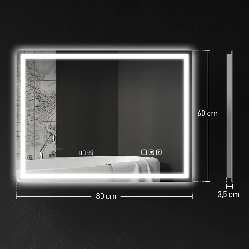Miroir salle de bain éclairage diodes anti-buée 80 x 60 x 3.5 cm finition mate moderne scandinave en verre trempé argent 21_0002088