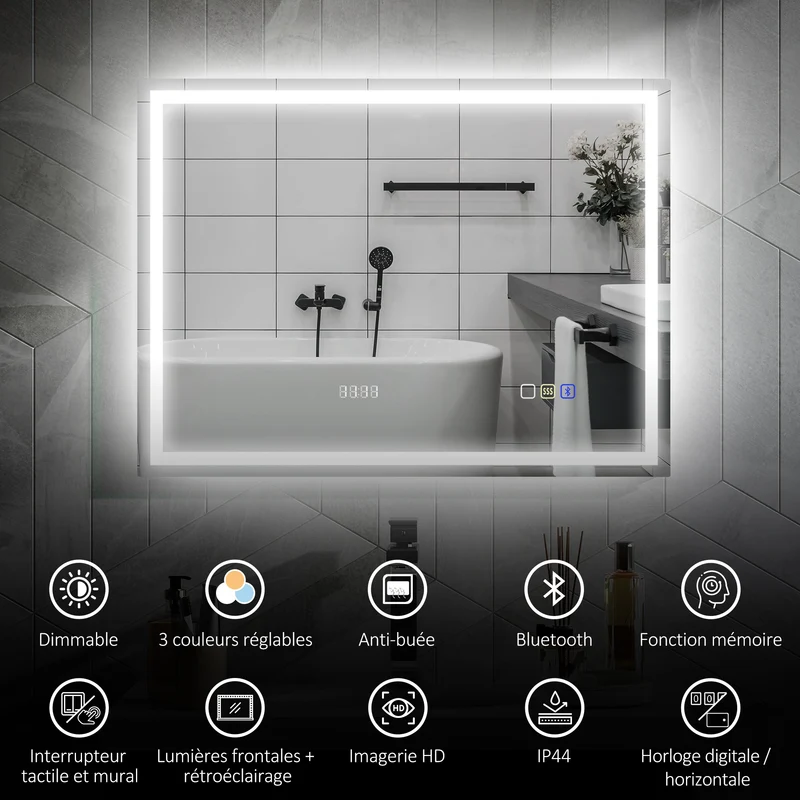Miroir salle de bain éclairage diodes anti-buée 80 x 60 x 3.5 cm finition mate moderne scandinave en verre trempé argent 21_0002088