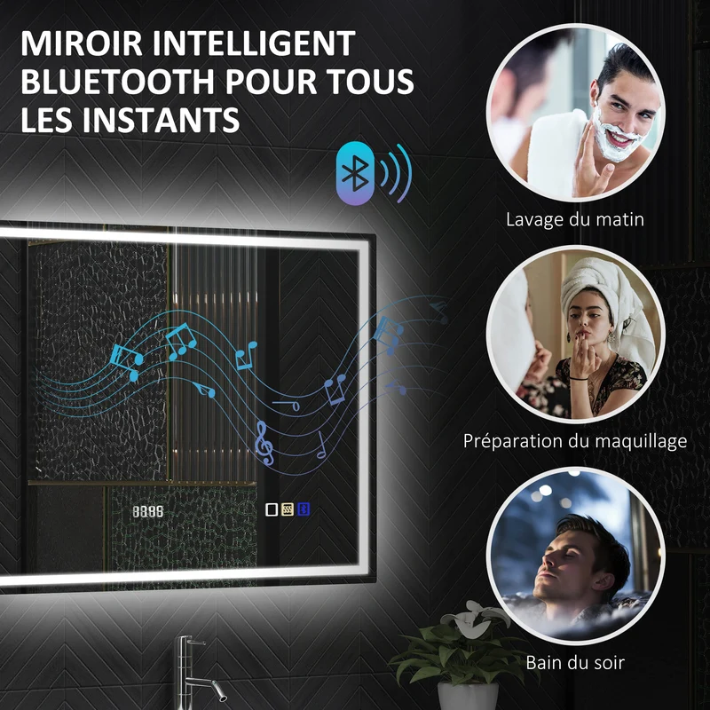 Miroir salle de bain éclairage diodes anti-buée 80 x 60 x 3.5 cm finition mate moderne scandinave en verre trempé argent 21_0002088