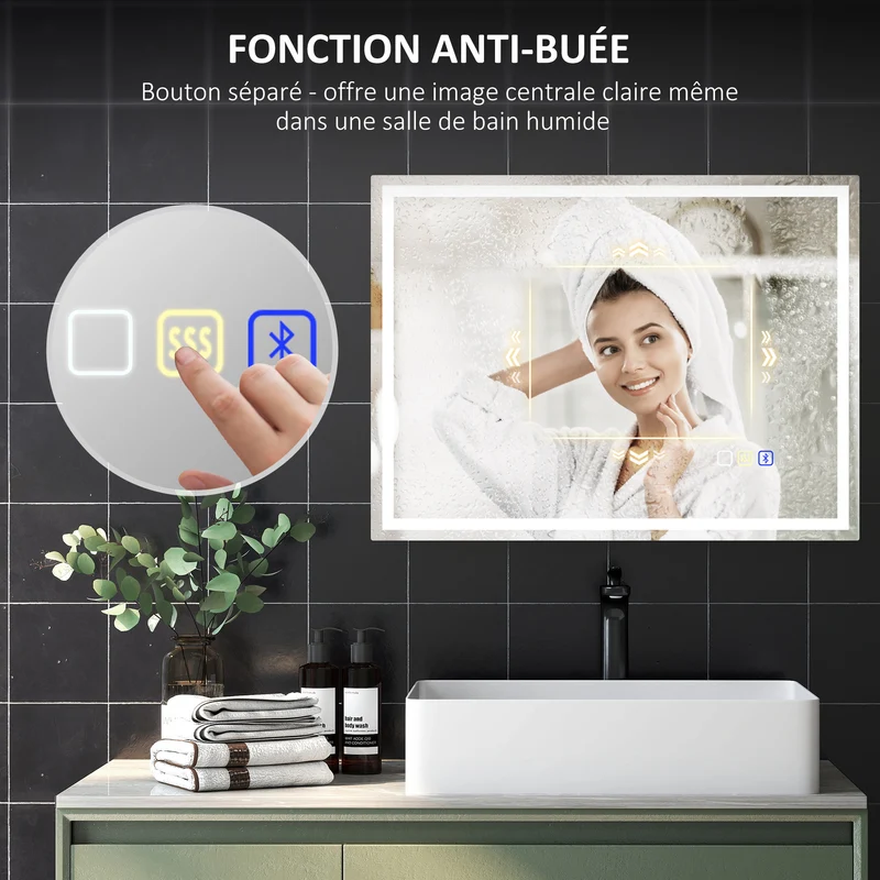 Miroir salle de bain éclairage diodes anti-buée 80 x 60 x 3.5 cm finition mate moderne scandinave en verre trempé argent 21_0002088