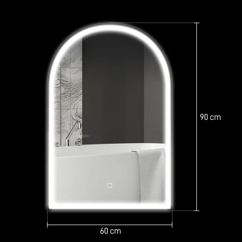 Miroir de salle de bain arqué mural 90 x 3 x 60 cm éclairage modulable anti-buée moderne épuré en verre trempé noir 21_0002054