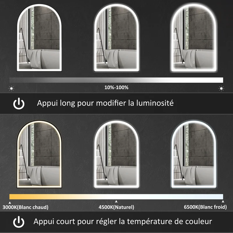 Miroir de salle de bain arqué mural 90 x 3 x 60 cm éclairage modulable anti-buée moderne épuré en verre trempé noir 21_0002054