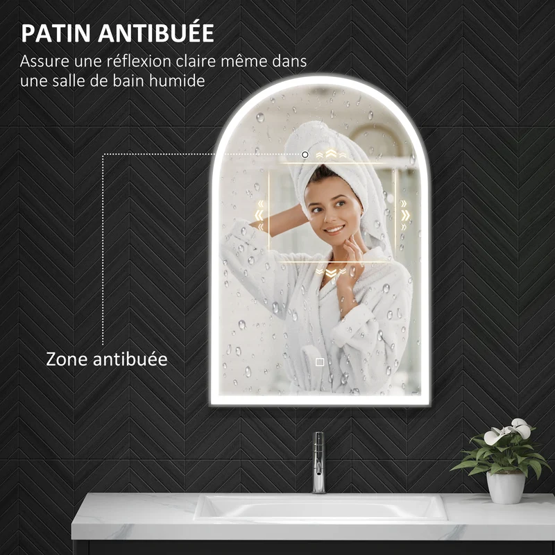 Miroir de salle de bain arqué mural 90 x 3 x 60 cm éclairage modulable anti-buée moderne épuré en verre trempé noir 21_0002054
