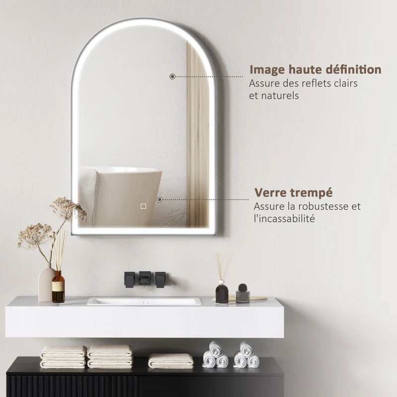 Miroir de salle de bain arqué mural 90 x 3 x 60 cm éclairage modulable anti-buée moderne épuré en verre trempé noir 21_0002054