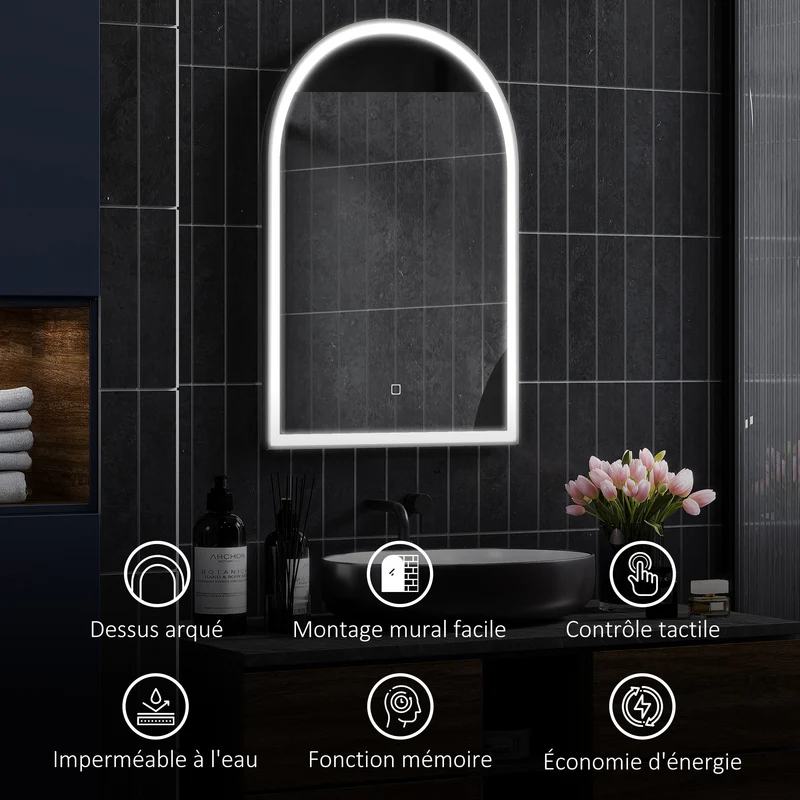 Miroir de salle de bain arqué mural 90 x 3 x 60 cm éclairage modulable anti-buée moderne épuré en verre trempé noir 21_0002054