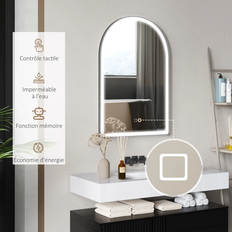 Miroir de salle de bain arqué mural 90 x 3 x 60 cm éclairage modulable anti-buée moderne épuré en verre trempé noir 21_0002054