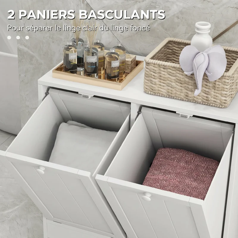 Meuble à linge salle de bain 66 x 33 x 68 cm 2 portes 2 paniers basculants rangement pratique épuré moderne en MDF blanc 21_0001983