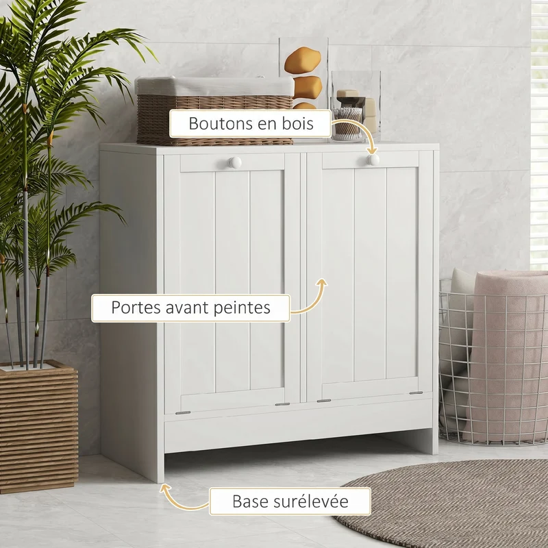 Meuble à linge salle de bain 66 x 33 x 68 cm 2 portes 2 paniers basculants rangement pratique épuré moderne en MDF blanc 21_0001983