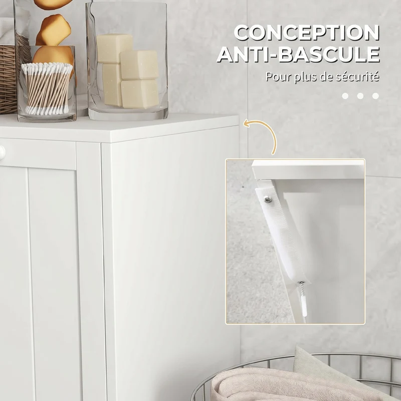 Meuble à linge salle de bain 66 x 33 x 68 cm 2 portes 2 paniers basculants rangement pratique épuré moderne en MDF blanc 21_0001983