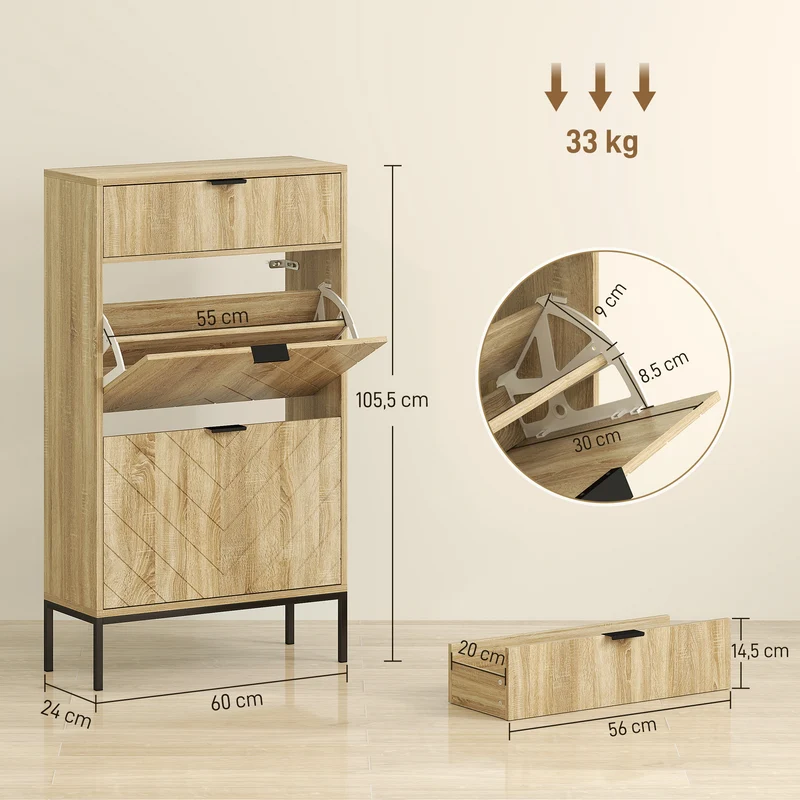 Meuble à chaussures étroit 60 x 24 x 105.5 cm 8 paires tiroir coulissant pratique moderne en panneau de particules chêne 21_0002743