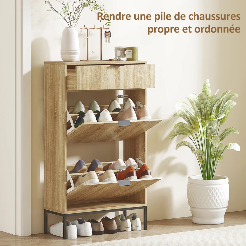 Meuble à chaussures étroit 60 x 24 x 105.5 cm 8 paires tiroir coulissant pratique moderne en panneau de particules chêne 21_0002743